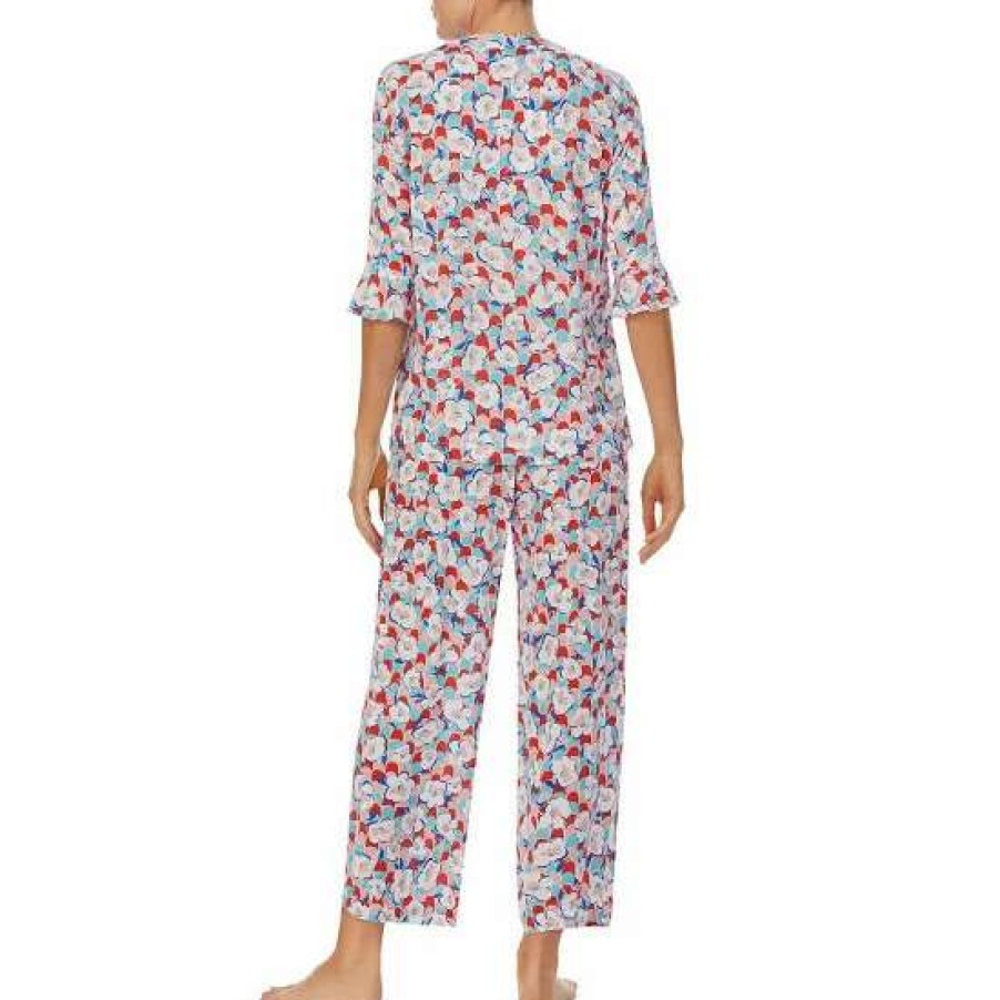 Lingerie * | Promo Kate Spade New York Floral Print 3/4 Sleeve Split V-Neck Woven Pajama Set Multicolor