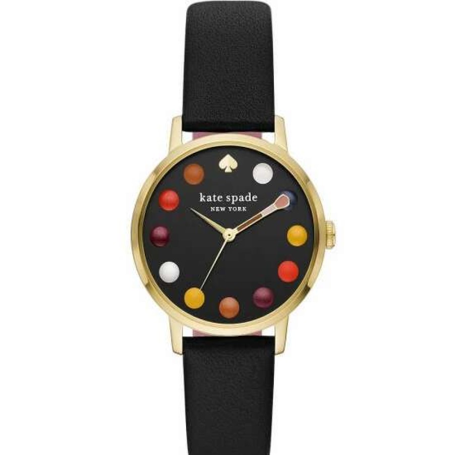 Accessories * | Outlet Kate Spade New York Women'S Metro Makeup Three-Hand Leather Strap Watch Black