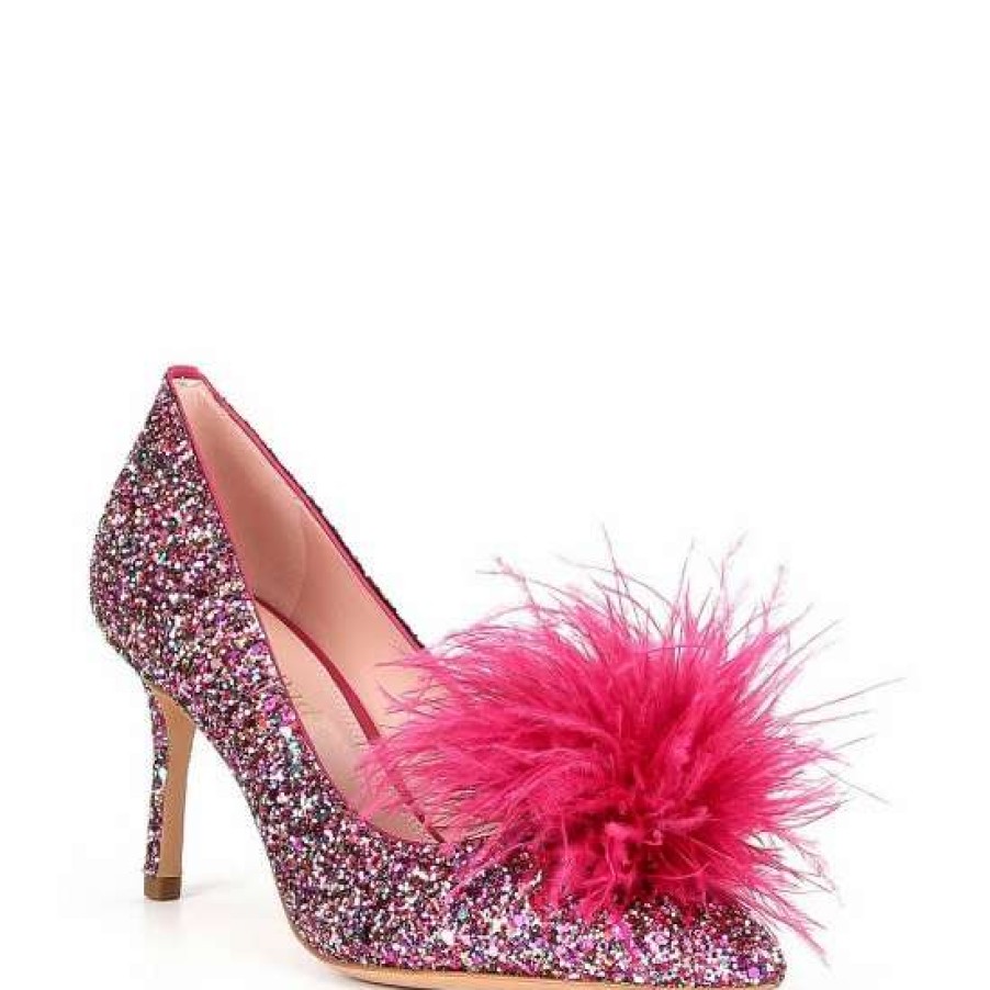 Shoes * | Flash Sale Kate Spade New York Maribou Glitter Feather Pom Pumps Pink Multi