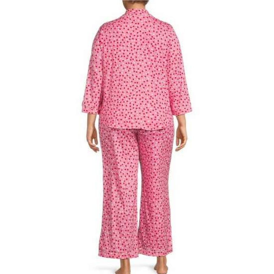 Lingerie * | Discount Kate Spade New York Plus Size Confetti Hearts Print Notch Collar 3/4 Sleeve Knit Pajama Set Pink/White