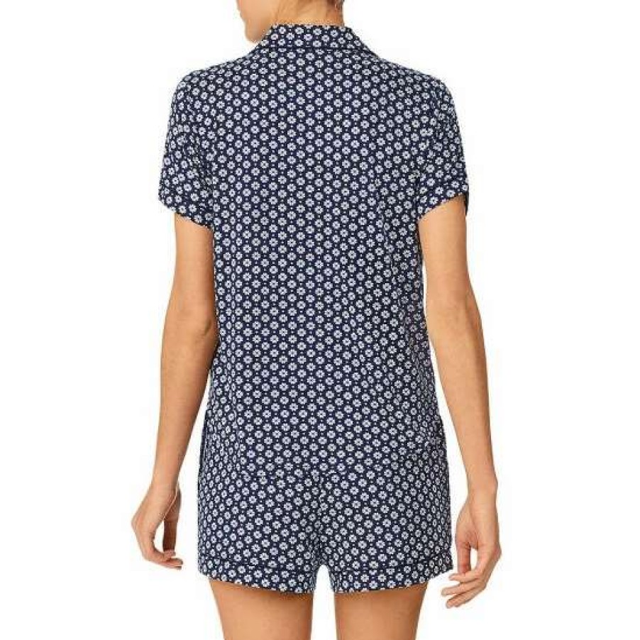 Lingerie * | Hot Sale Kate Spade New York Printed Short Sleeve Notch Collar Cozy Jersey Shorty Pajama Set Navy Print