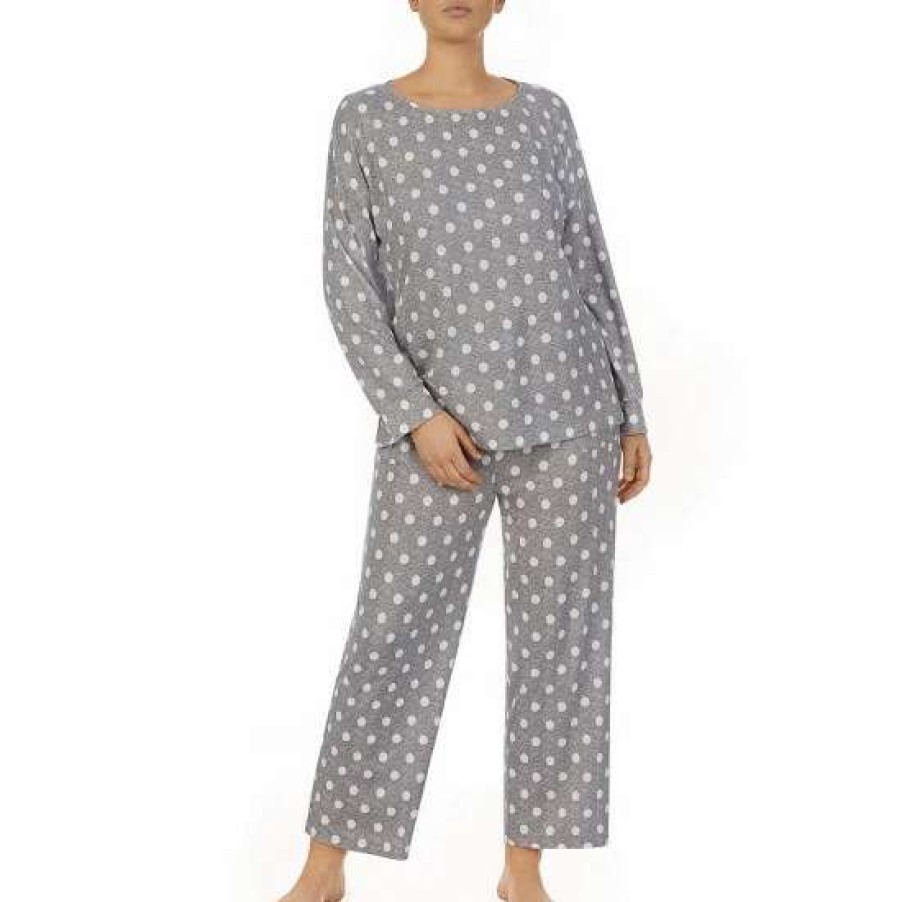 Lingerie * | Hot Sale Kate Spade New York Plus Size Polka Dot Print Long Sleeve Round Neck Cropped Pajama Set Grey Dot