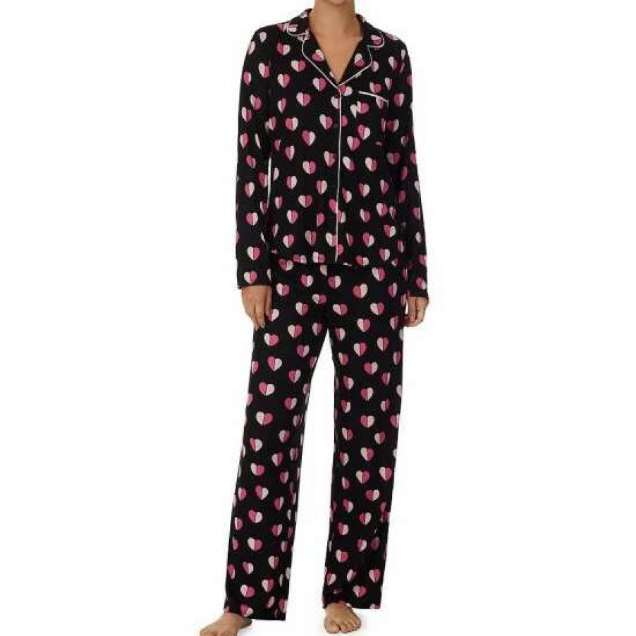 Lingerie * | Best Deal Kate Spade New York Geometric Heart Print Long Sleeve Notch Collar Neck Long Pajama Set Black