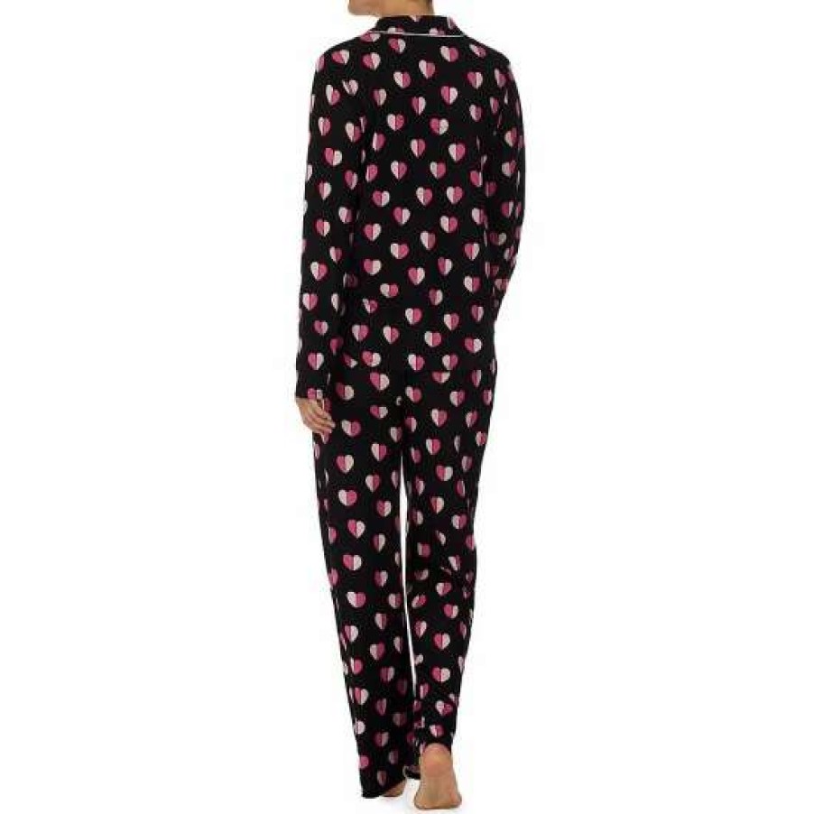 Lingerie * | Best Deal Kate Spade New York Geometric Heart Print Long Sleeve Notch Collar Neck Long Pajama Set Black