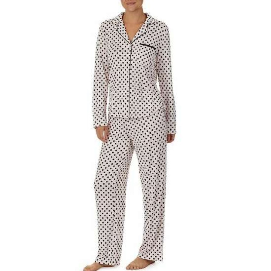 Lingerie * | Coupon Kate Spade New York Dotted Long Sleeve Notch Collar Button Front Pajama Set Blush Dot