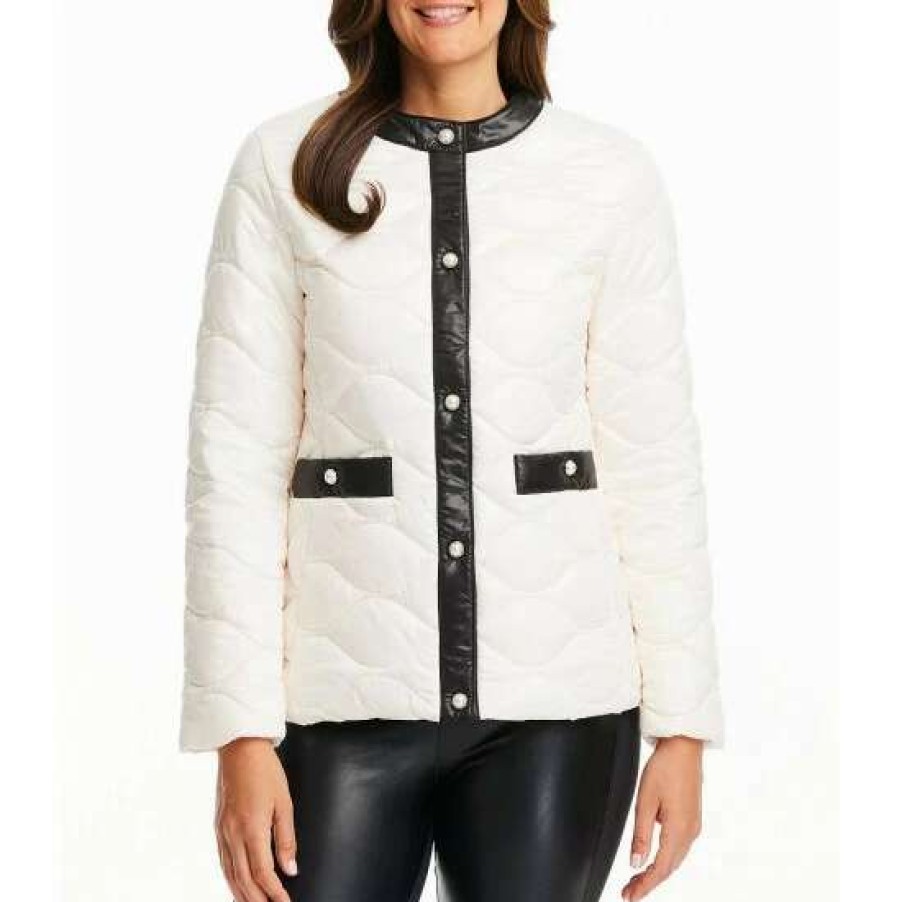 Women'S Clothing * | Best Sale Kate Spade New York Horizontal Onion Quilted Crew Neck Long Sleeve Pearl Button Puffer Jacket Cream