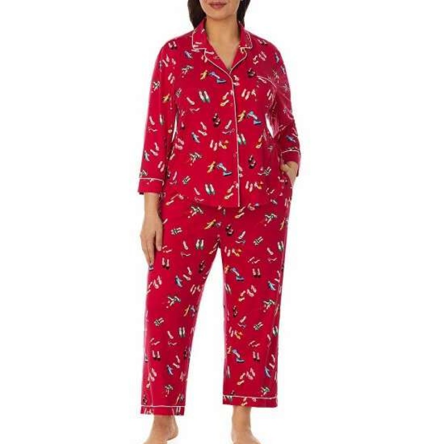 Lingerie * | Promo Kate Spade New York Plus Size Shoe Print 3/4 Sleeve Notch Collar Patch Pocket Cropped Pajama Set Red/Print