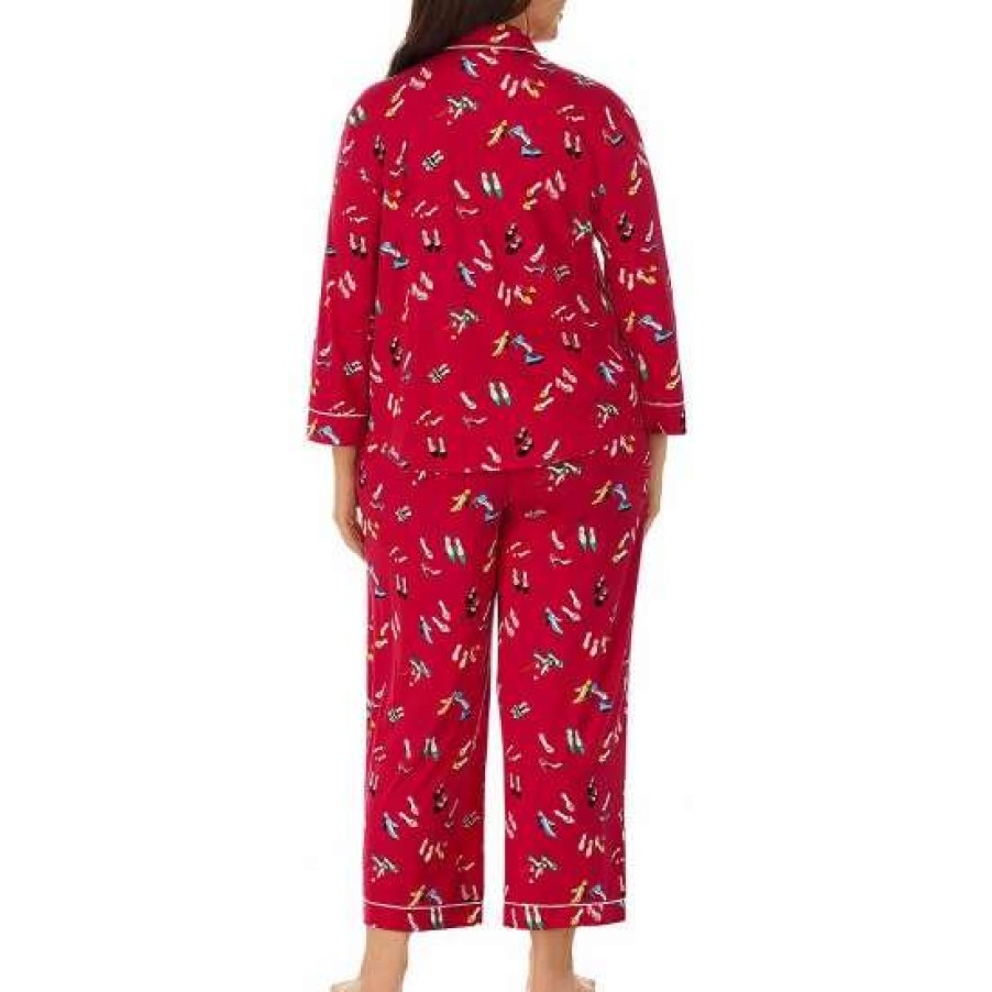 Lingerie * | Promo Kate Spade New York Plus Size Shoe Print 3/4 Sleeve Notch Collar Patch Pocket Cropped Pajama Set Red/Print