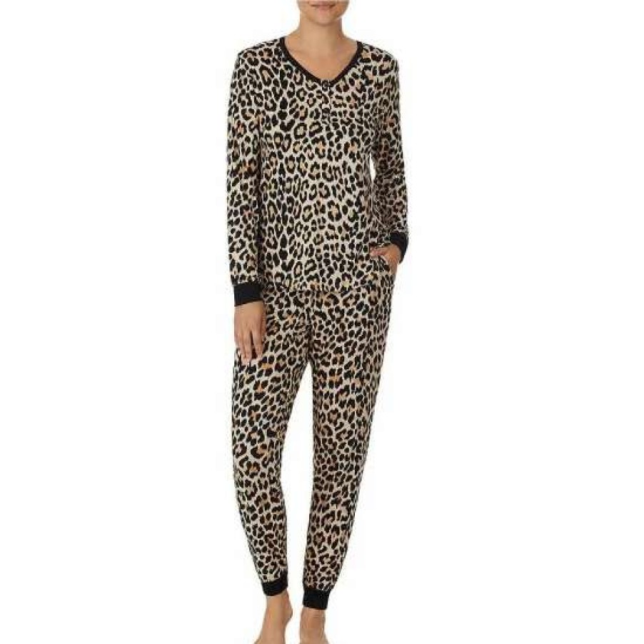 Lingerie * | Best Sale Kate Spade New York Animal Print Jersey Knit Long Sleeve Scoop Neck Pajama Set Brown Animal