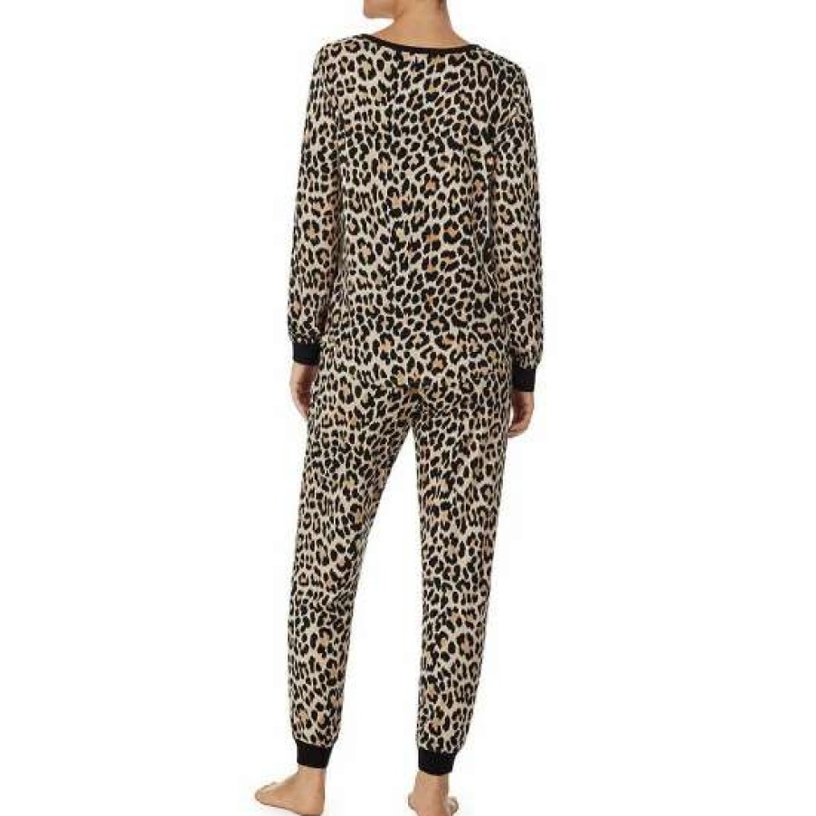 Lingerie * | Best Sale Kate Spade New York Animal Print Jersey Knit Long Sleeve Scoop Neck Pajama Set Brown Animal