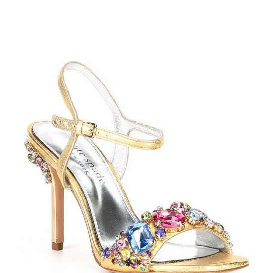 Shoes * | New Kate Spade New York Treasure Rhinestone Embellished Ankle Strap Dress Sandals Gold/Multi