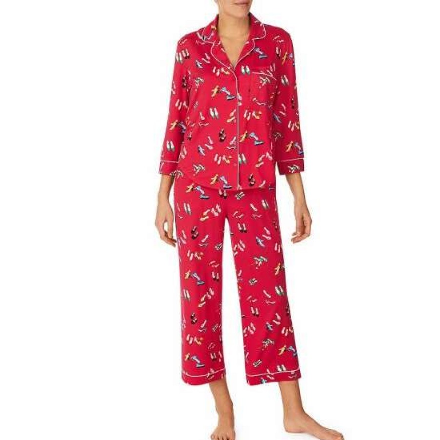 Lingerie * | Promo Kate Spade New York Shoe Print 3/4 Sleeve Notch Collar Button Front Cropped Pajama Set Red/Print