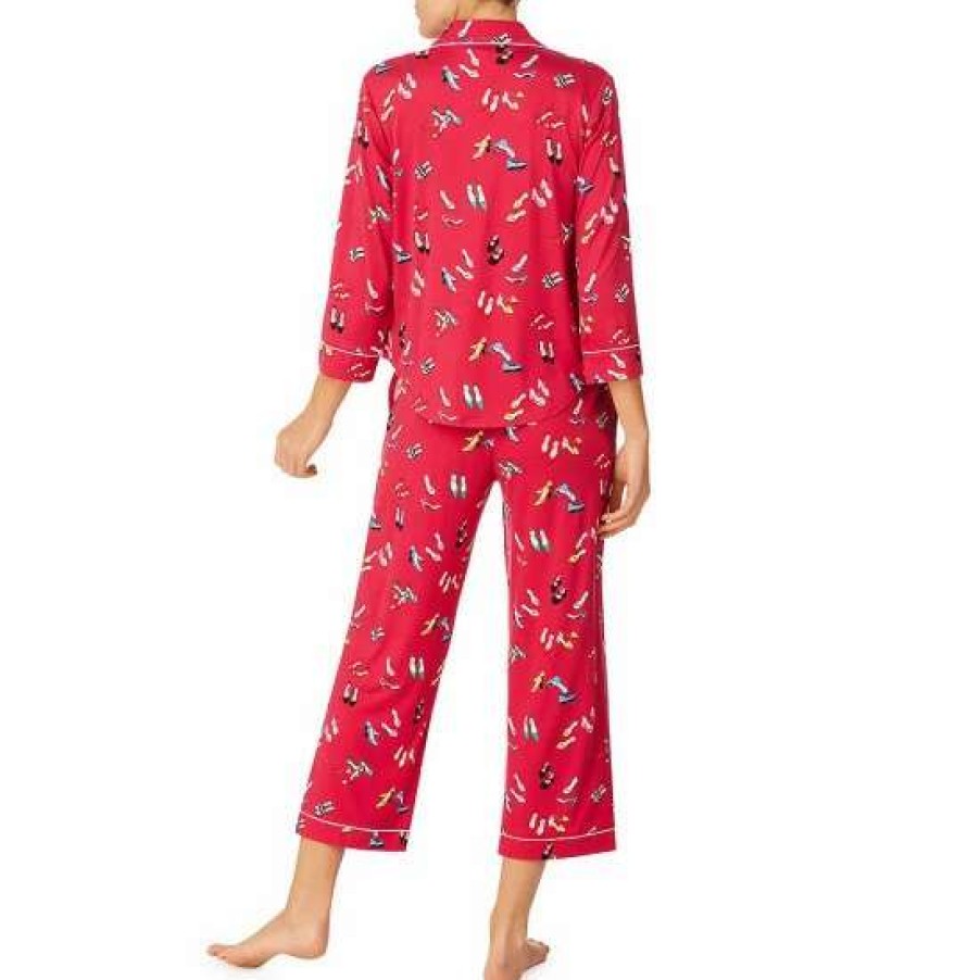 Lingerie * | Promo Kate Spade New York Shoe Print 3/4 Sleeve Notch Collar Button Front Cropped Pajama Set Red/Print