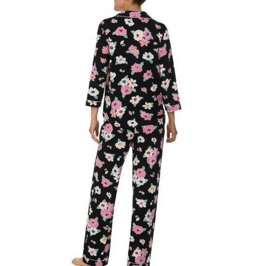 Lingerie * | Promo Kate Spade New York Floral Print 3/4 Sleeve Notch Collar Long Sleeve Knit Pajama Set Black/Multi