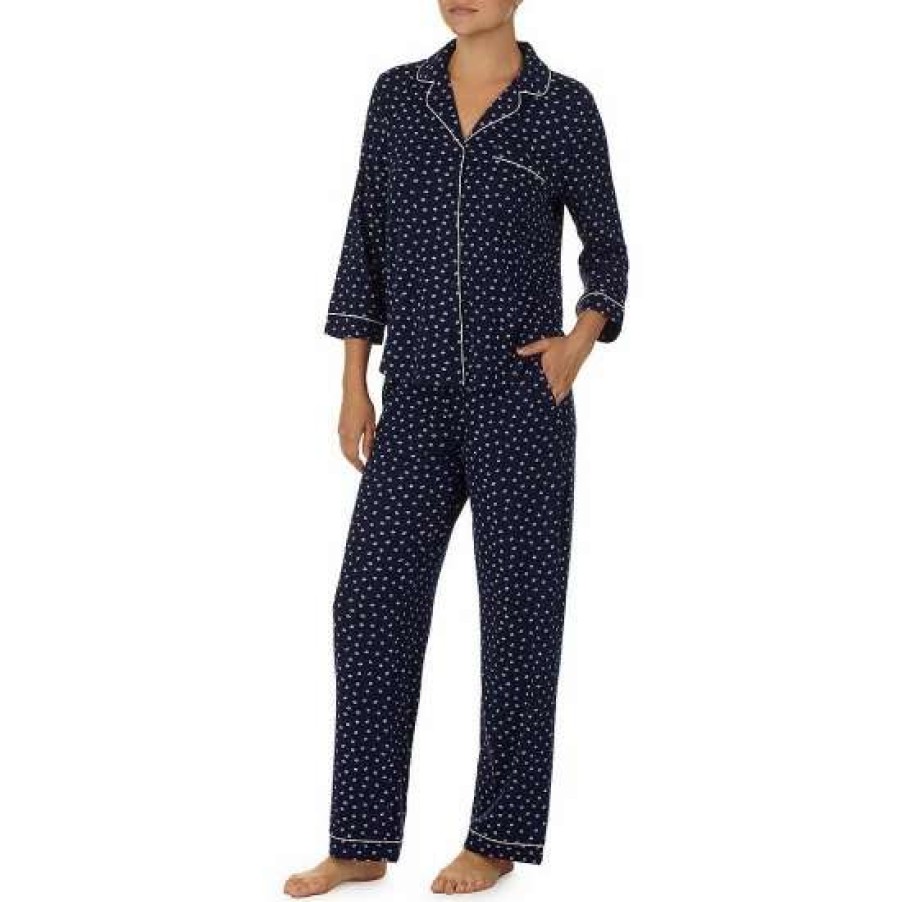 Lingerie * | Discount Kate Spade New York Lip Print 3/4 Sleeve Notch Collar Long Sleeve Knit Pajama Set Navy Print