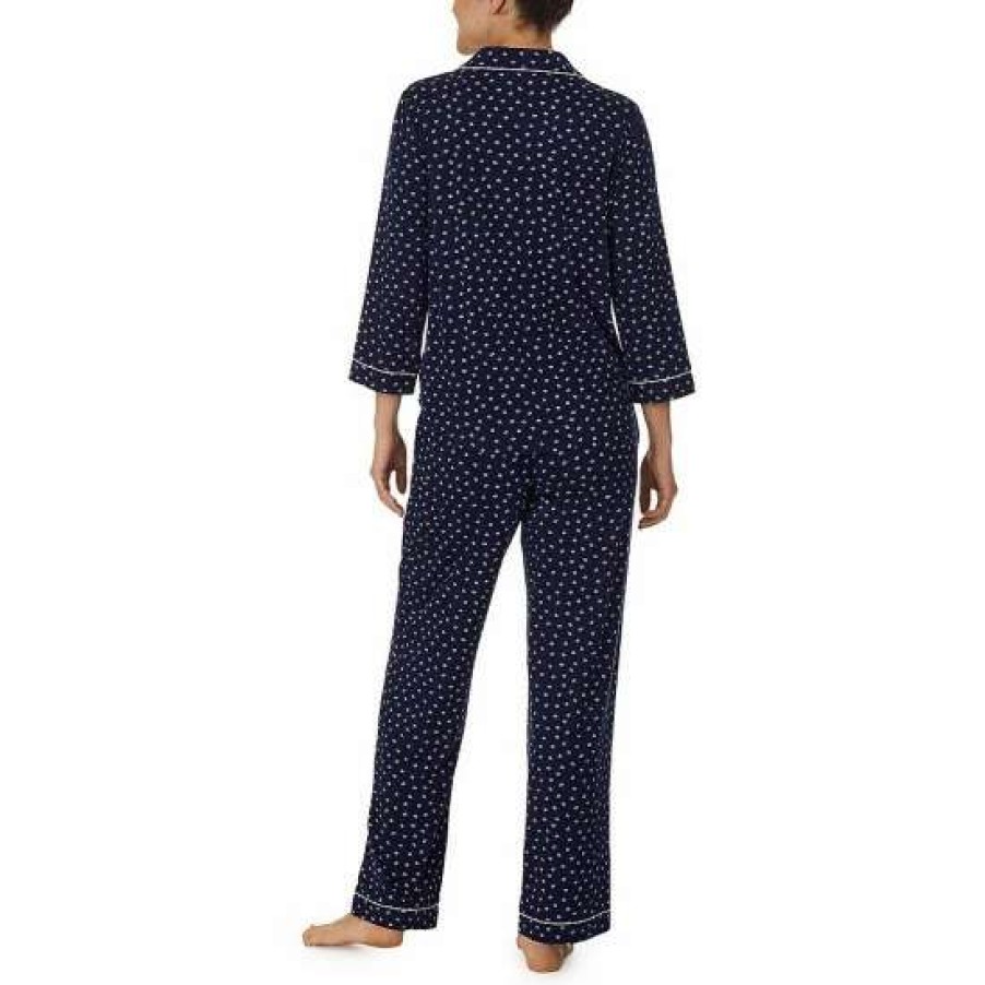 Lingerie * | Discount Kate Spade New York Lip Print 3/4 Sleeve Notch Collar Long Sleeve Knit Pajama Set Navy Print