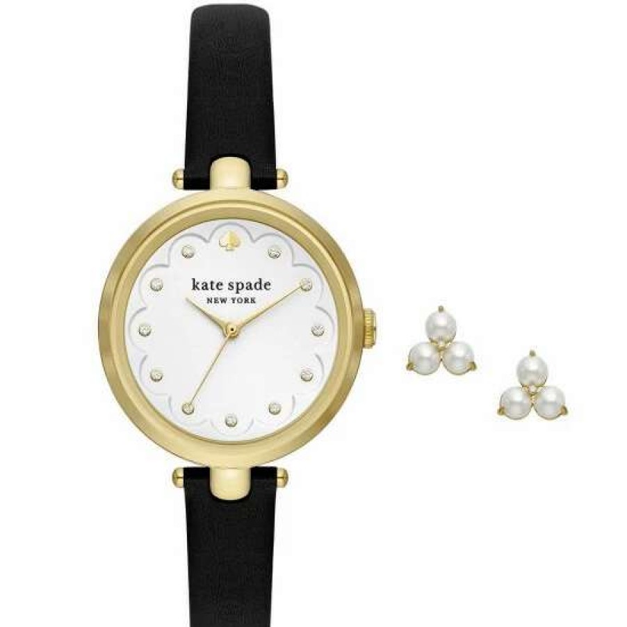 Accessories * | Cheap Kate Spade New York Women'S Holland Three-Hand Leather Strap Watch And Stud Earrings Set Black