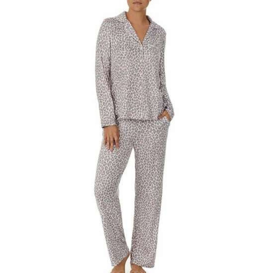 Lingerie * | Best Reviews Of Kate Spade New York Animal Print Long Sleeve Notch Collar Neck Long Pajama Set White/Animal