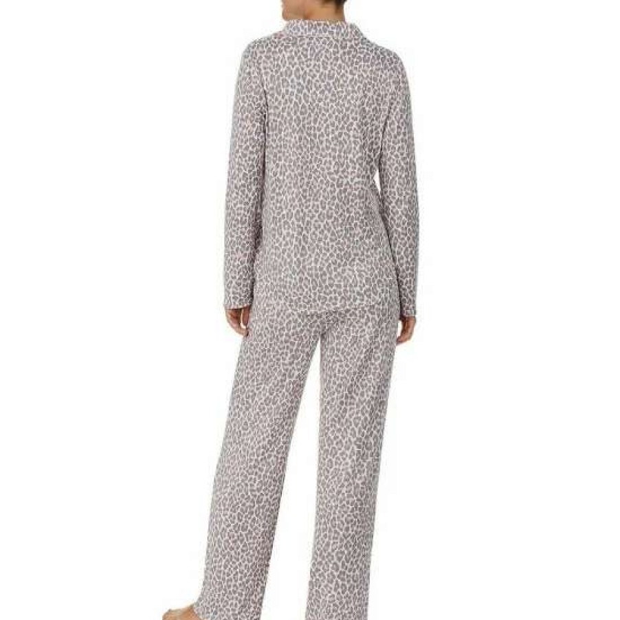 Lingerie * | Best Reviews Of Kate Spade New York Animal Print Long Sleeve Notch Collar Neck Long Pajama Set White/Animal