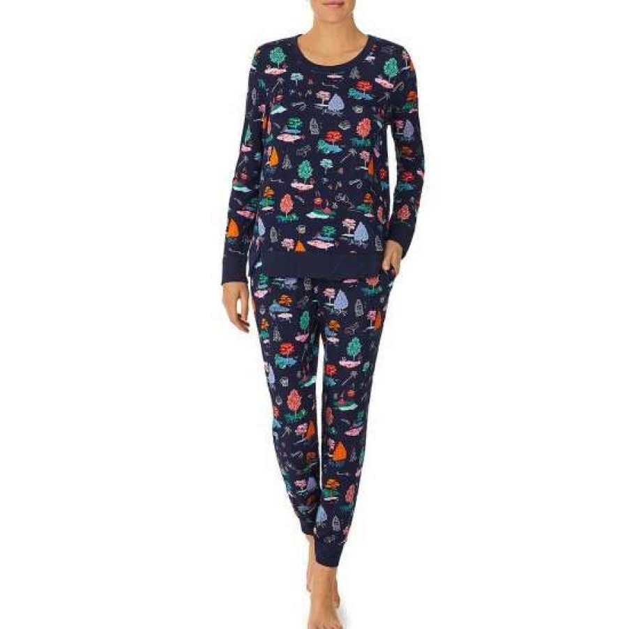 Lingerie * | Brand New Kate Spade New York Long Sleeve Crew Neck Camping Print Pajama Set Navy/Print