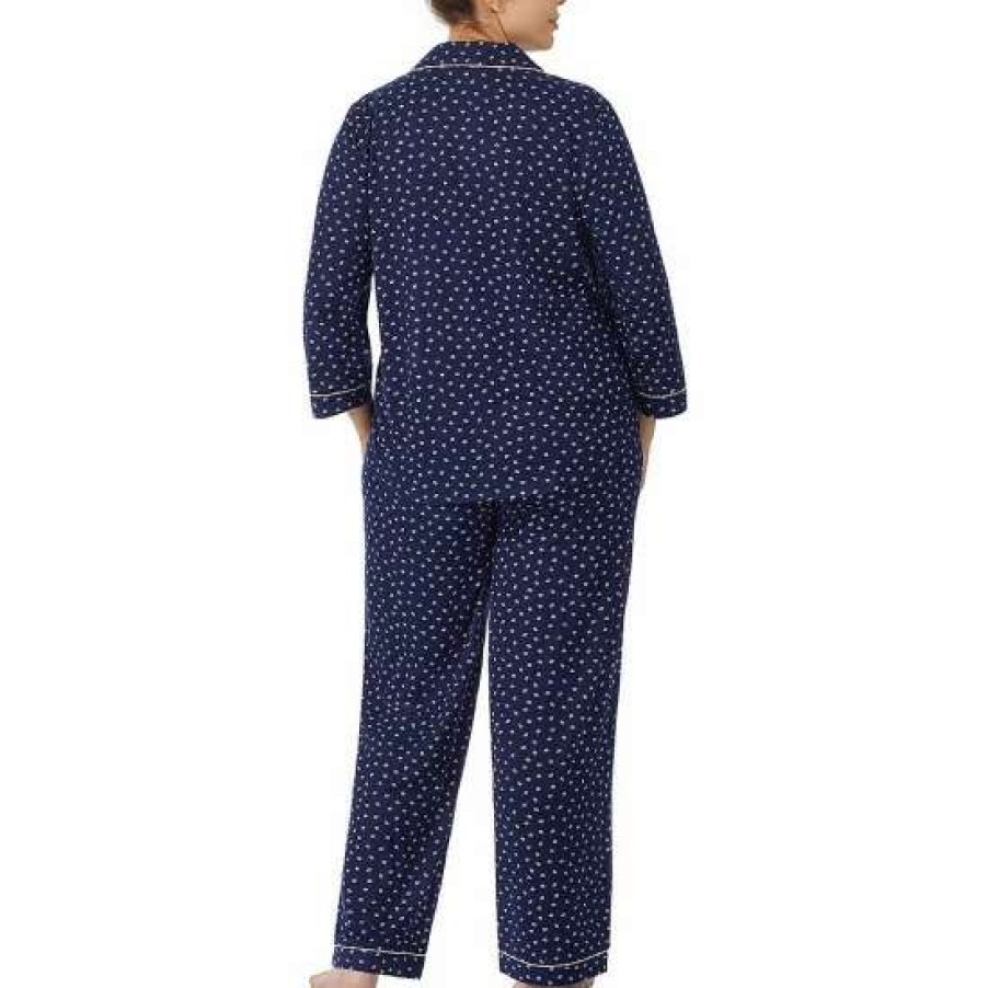 Lingerie * | Brand New Kate Spade New York Plus Size Lip Print 3/4 Sleeve Notch Collar Long Sleeve Knit Pajama Set Navy Print