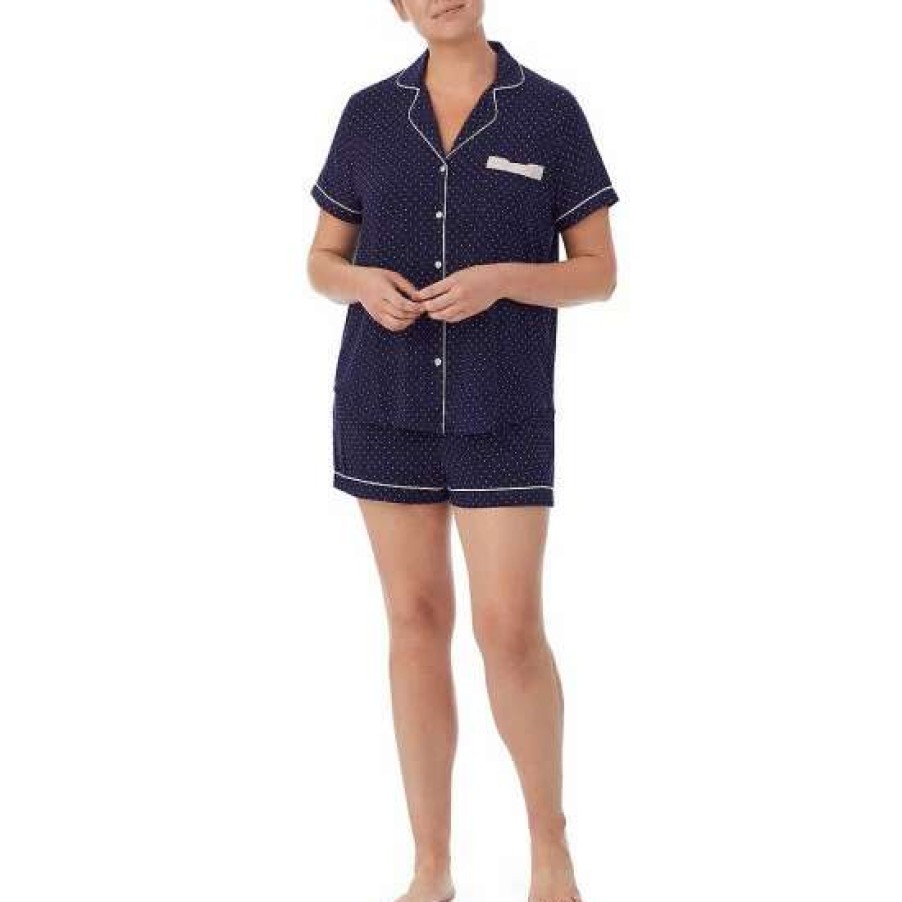 Lingerie * | Cheap Kate Spade New York Plus Dot Print Notch Collar Short Sleeve Knit Shorty Pajama Set Navy Dot