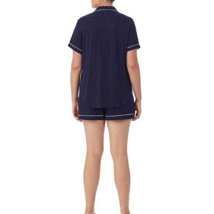 Lingerie * | Cheap Kate Spade New York Plus Dot Print Notch Collar Short Sleeve Knit Shorty Pajama Set Navy Dot