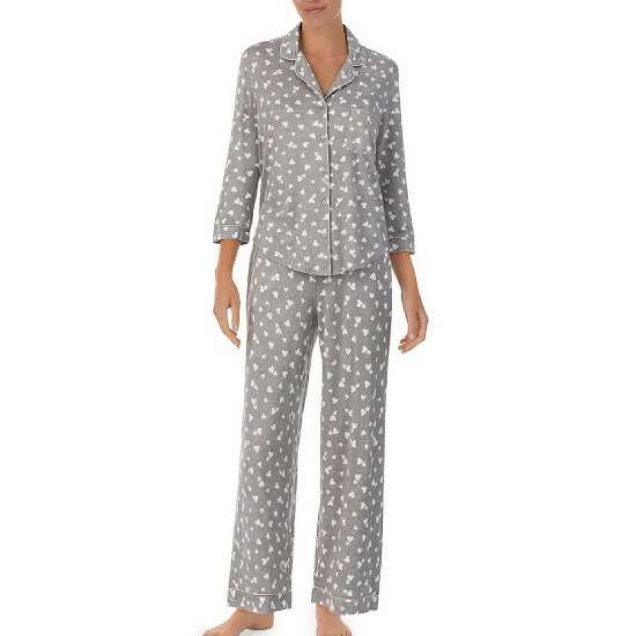 Lingerie * | Brand New Kate Spade New York Heart Print 3/4 Sleeve Notch Collar Long Sleeve Long Knit Pajama Set Grey/Print