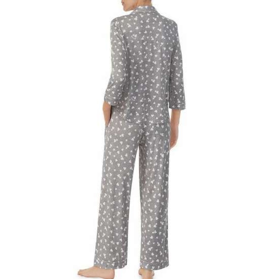 Lingerie * | Brand New Kate Spade New York Heart Print 3/4 Sleeve Notch Collar Long Sleeve Long Knit Pajama Set Grey/Print