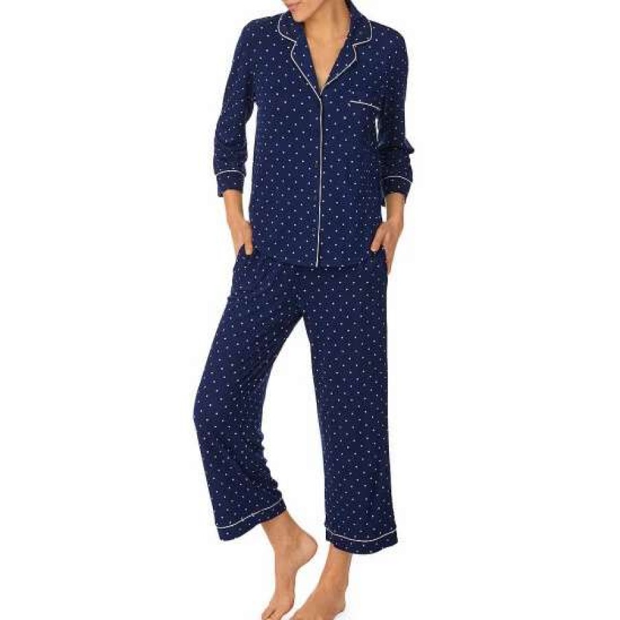 Lingerie * | Hot Sale Kate Spade New York Dot Printed 3/4 Sleeve Notch Collar Cropped Pajama Set Blue/White