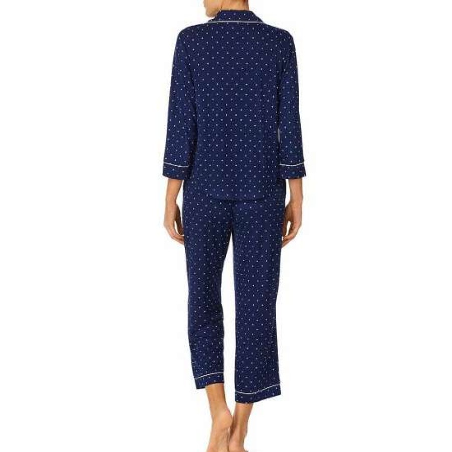 Lingerie * | Hot Sale Kate Spade New York Dot Printed 3/4 Sleeve Notch Collar Cropped Pajama Set Blue/White