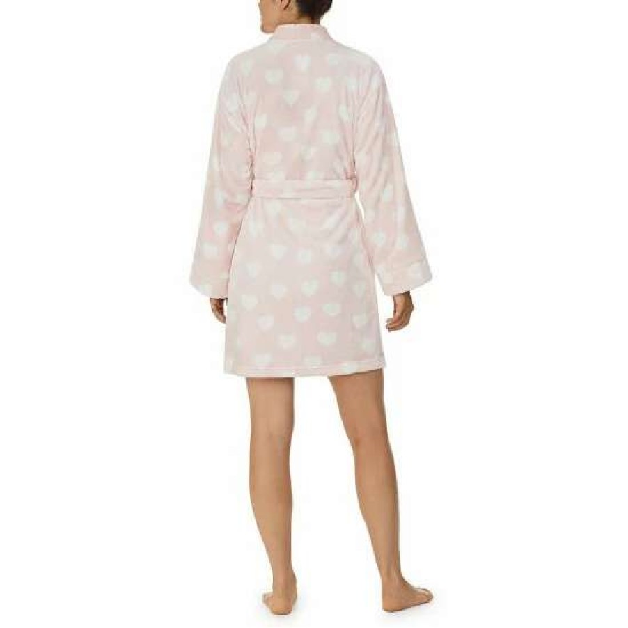 Lingerie * | Best Sale Kate Spade New York Chenille Geometric Heart Print Plush Long Sleeve Tie Front Cozy Short Wrap Robe Pink/Heart