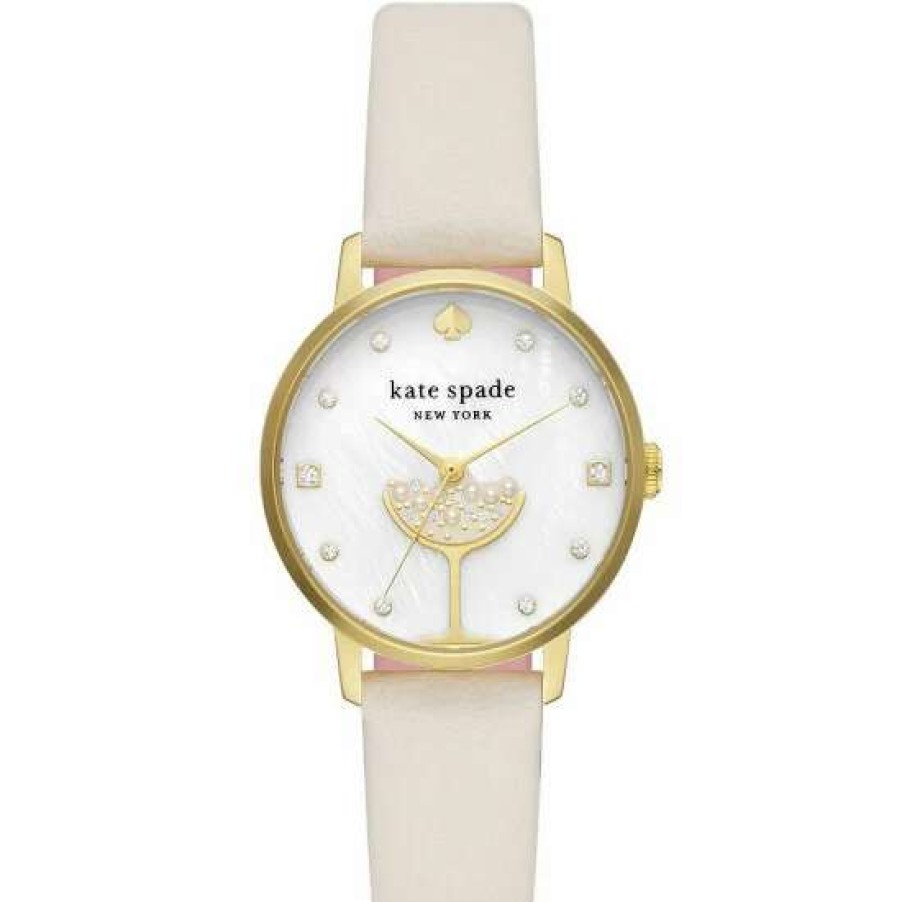 Accessories * | Hot Sale Kate Spade New York Metro Three-Hand Champagne White Leather Watch Gold/White