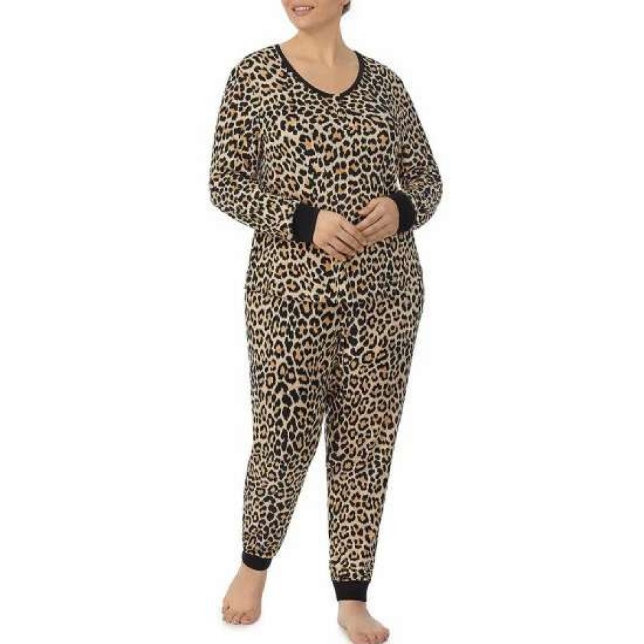 Lingerie * | Coupon Kate Spade New York Plus Size Jersey Knit Long Sleeve Scoop Neck Animal Print Pajama Set Brown Animal