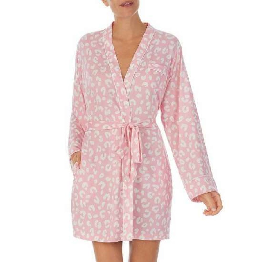 Lingerie * | Deals Kate Spade New York Animal Print Long Sleeve Shawl Collar Sweater Knit Short Robe Pink Print