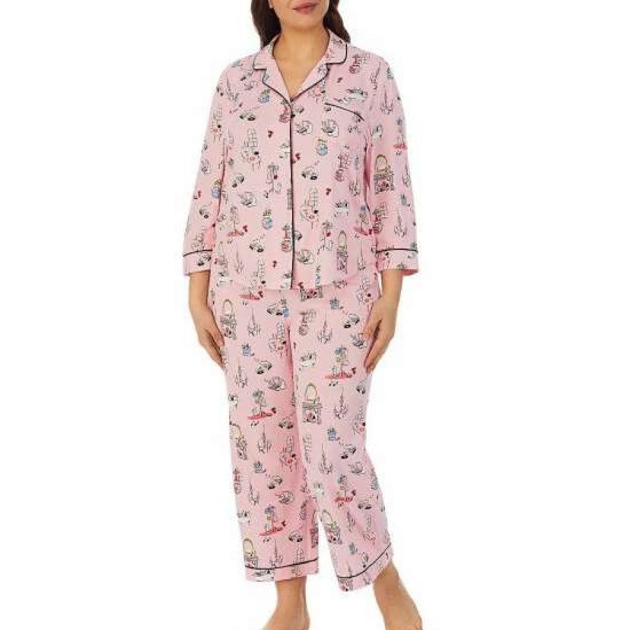 Lingerie * | Hot Sale Kate Spade New York Plus Size Printed 3/4 Sleeve Notch Collar Cropped Patch Pocket Pajama Set Pink/Multi