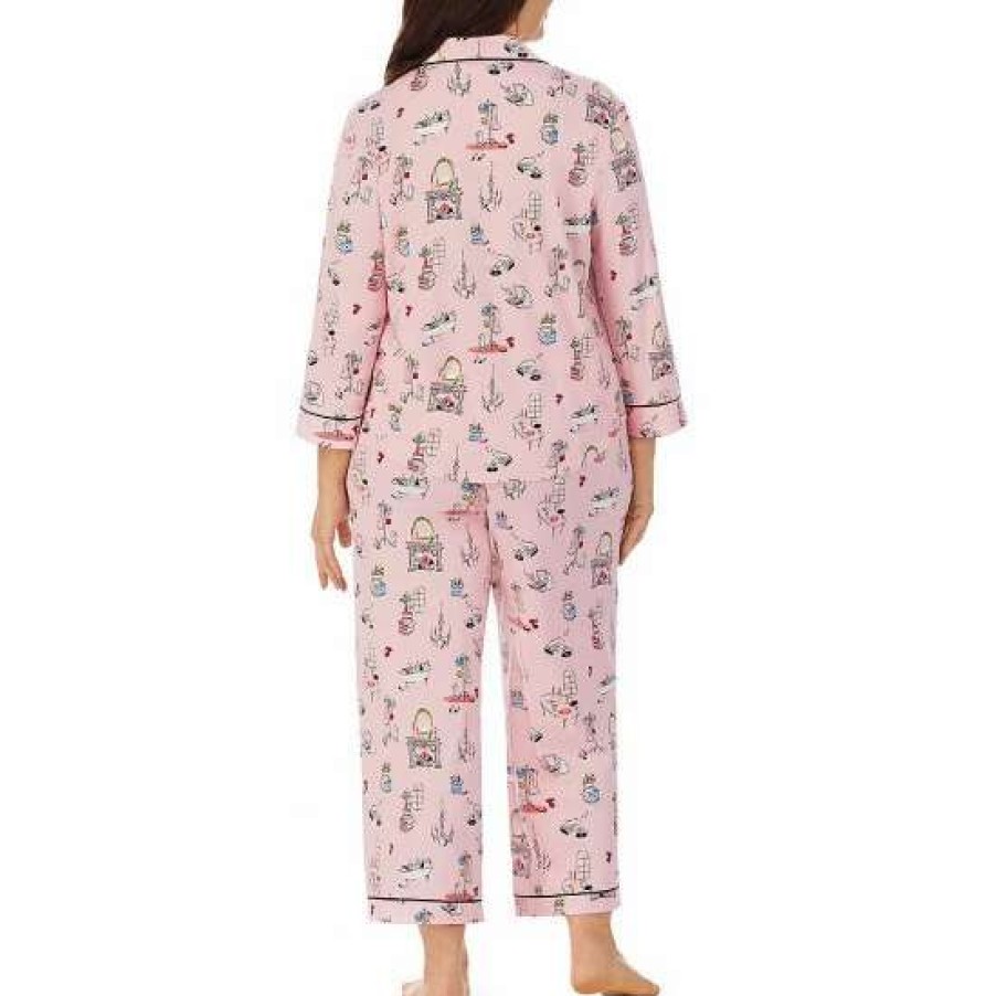 Lingerie * | Hot Sale Kate Spade New York Plus Size Printed 3/4 Sleeve Notch Collar Cropped Patch Pocket Pajama Set Pink/Multi