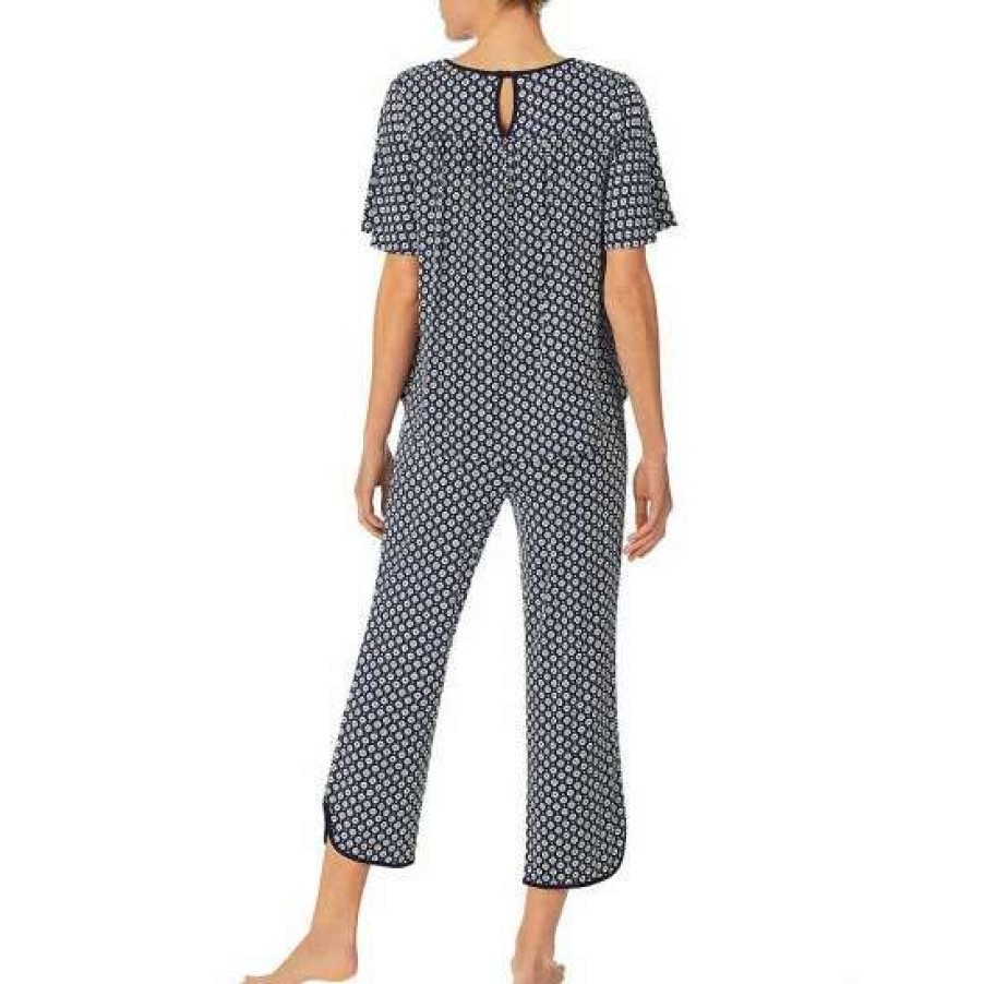 Lingerie * | Top 10 Kate Spade New York Jersey Knit Round Neck Short Sleeve Cropped Coordinating Pajama Set Navy Print