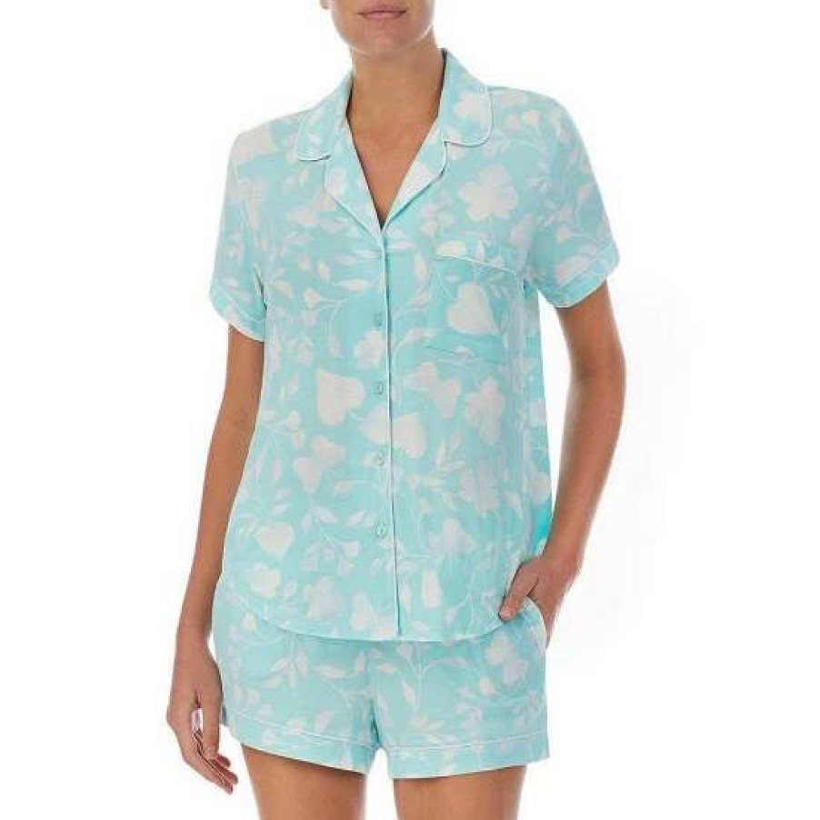 Lingerie * | Hot Sale Kate Spade New York Floral Print Short Sleeve Notch Collar Shorty Pajama Set Blue/White