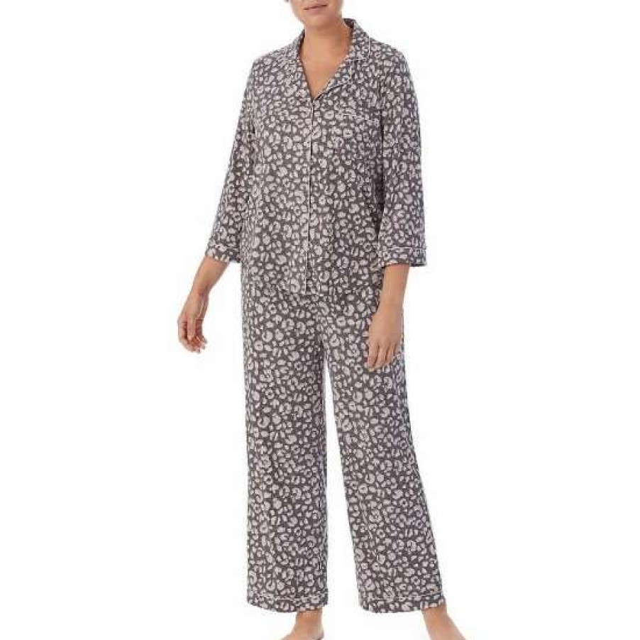 Lingerie * | Brand New Kate Spade New York Plus Size Notch Collar 3/4 Sleeve Sketched Leopard Print Knit Pajama Set Grey Novelty