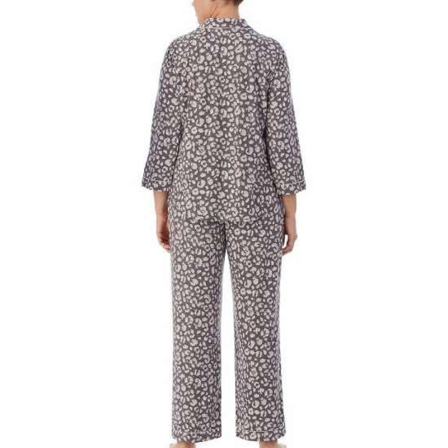 Lingerie * | Brand New Kate Spade New York Plus Size Notch Collar 3/4 Sleeve Sketched Leopard Print Knit Pajama Set Grey Novelty