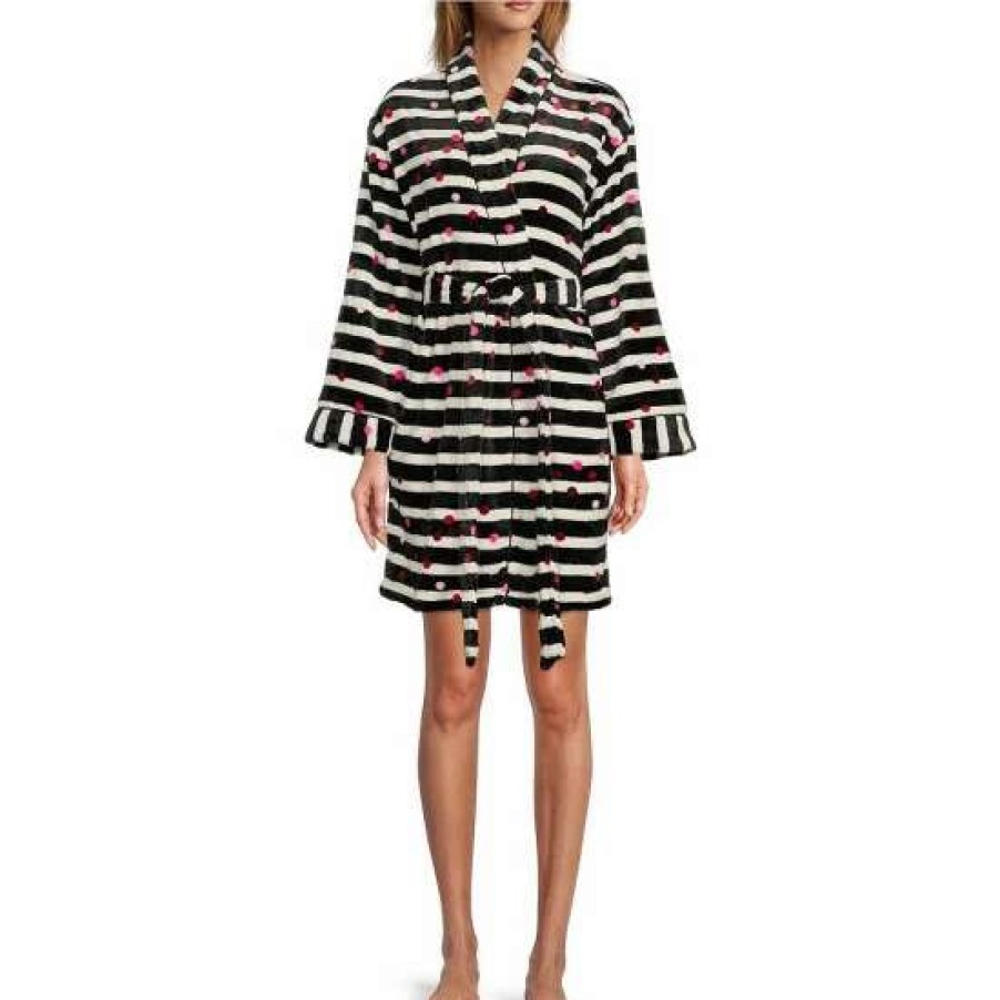 Lingerie * | Buy Kate Spade New York D Print Chenille Plush Long Sleeve Tie Front Short Cozy Wrap Robe Stripe