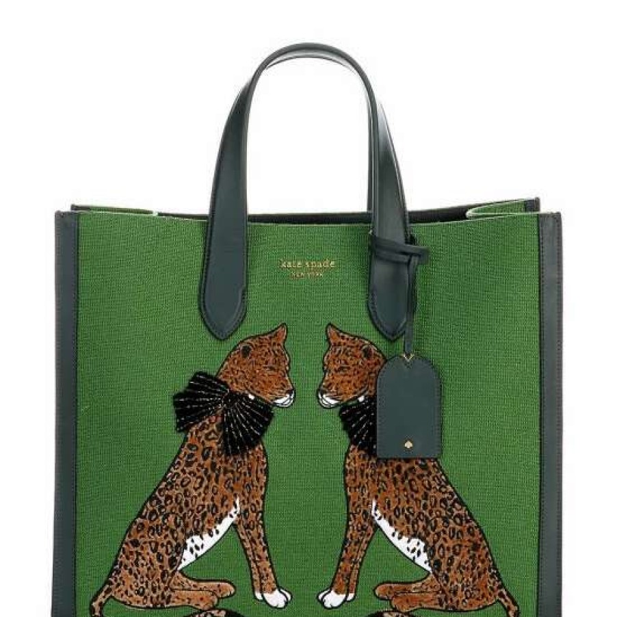 Handbags * | Budget Kate Spade New York Lucy Manhattan Lady Leopard Embroidered Tote Bag Bitter Green Multi