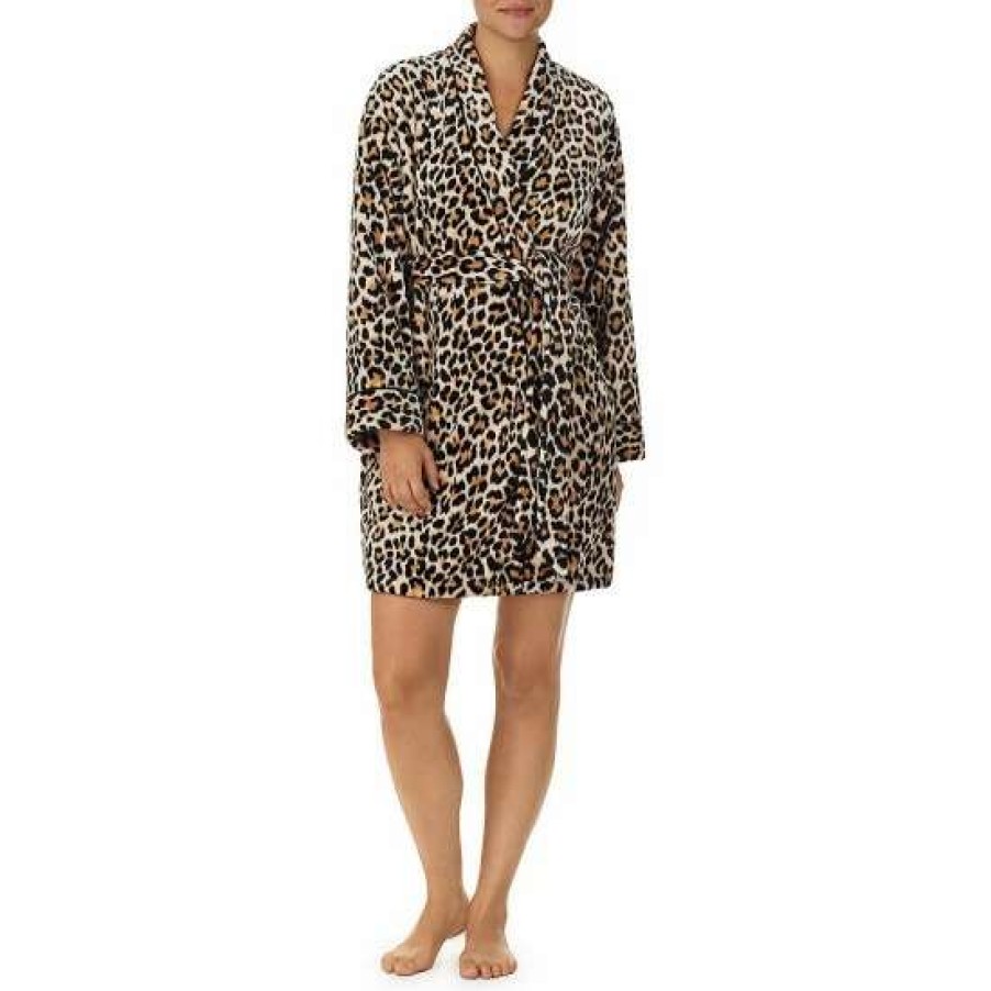 Lingerie * | New Kate Spade New York Chenille Animal Print Plush Long Sleeve Tie Front Cozy Short Wrap Robe Brown Animal