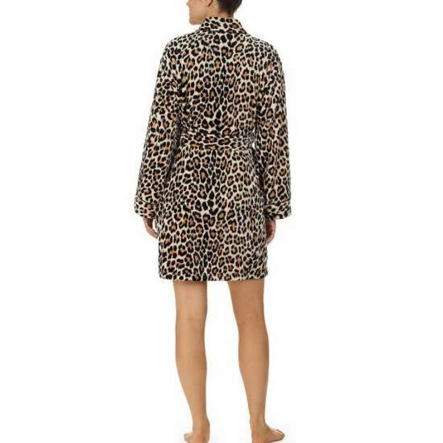 Lingerie * | New Kate Spade New York Chenille Animal Print Plush Long Sleeve Tie Front Cozy Short Wrap Robe Brown Animal