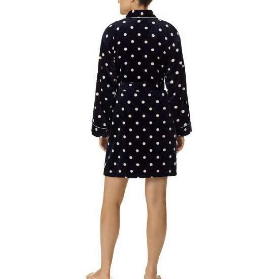 Lingerie * | Top 10 Kate Spade New York Chenille Polka Dot Print Plush Long Sleeve Tie Front Short Wrap Robe Navy