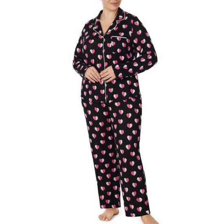 Lingerie * | Outlet Kate Spade New York Plus Size Geometric Heart Print Long Sleeve Notch Collar Neck Long Sleeve Pajama Set Black