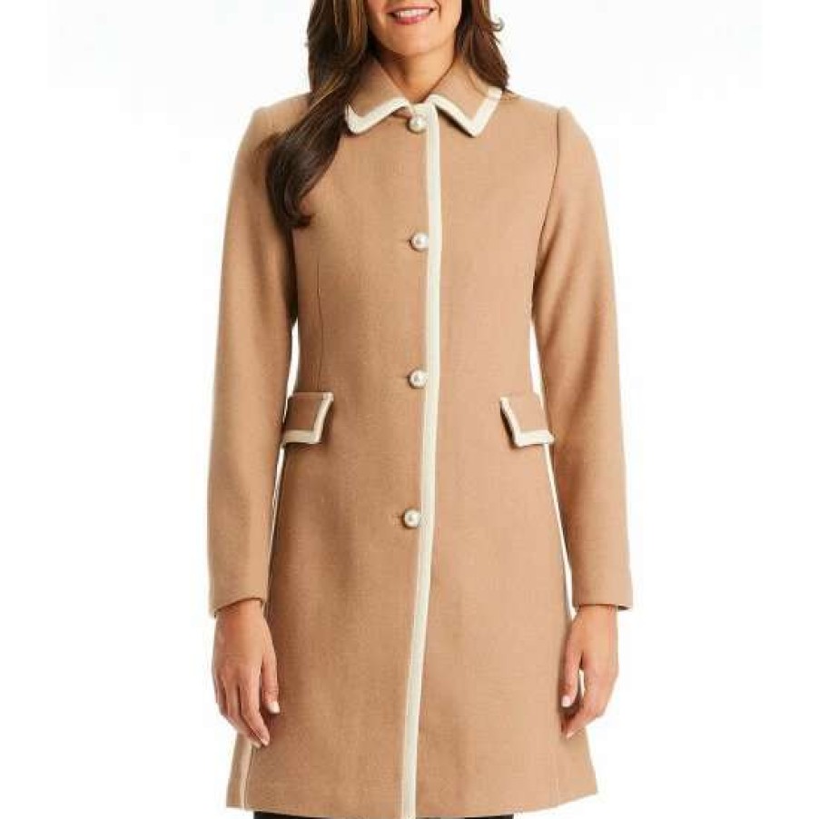 Women'S Clothing * | Cheapest Kate Spade New York Contrast Framed Single Breasted Long Sleeve Point Collar Pearl Detail Wool Blend Coat