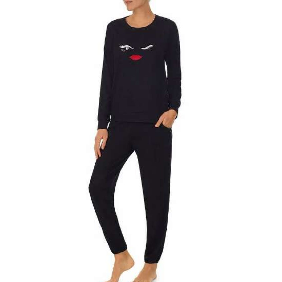 Lingerie * | Buy Kate Spade New York Sweater Knit Long Sleeve Crew Neck Winking Face Print Pajama Set Black