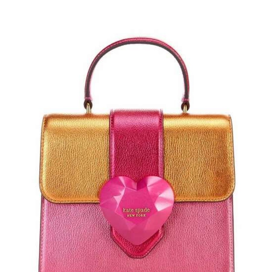 Handbags * | Hot Sale Kate Spade New York Jeweled Heart Snap Closure Mini Top Handle Colorblock Metallic Leather Satchel Bag Locket Pink Multi